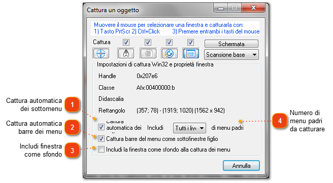 Finestra di dialogo Cattura: impostazioni Win32