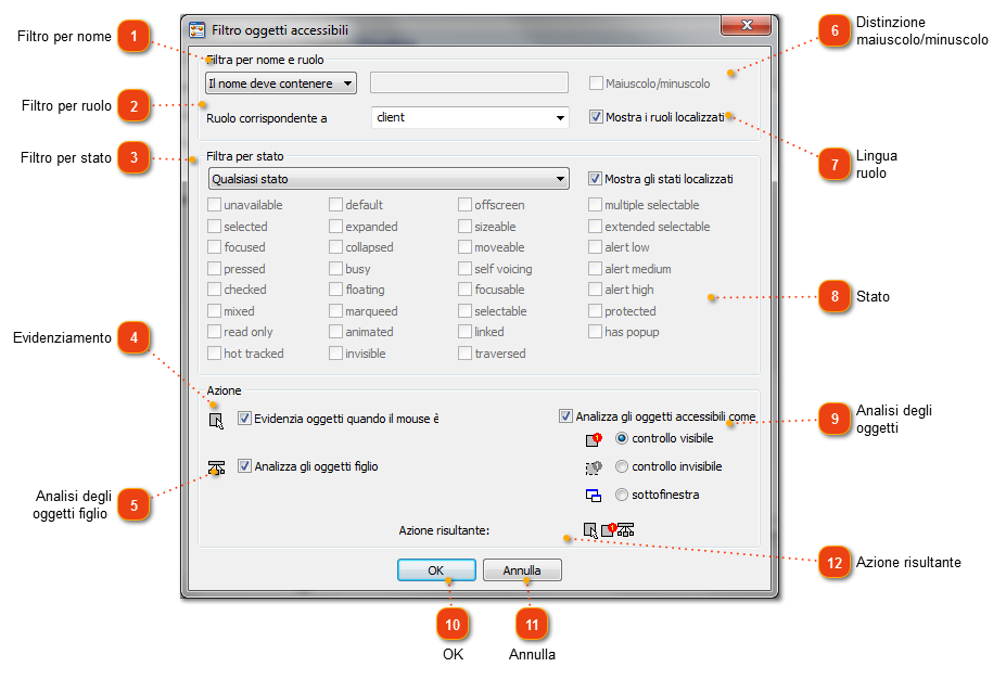 Modifica dei filtri per gli oggetti accessibili