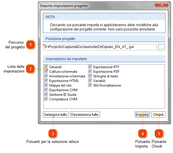 Come importare le impostazioni di progetto