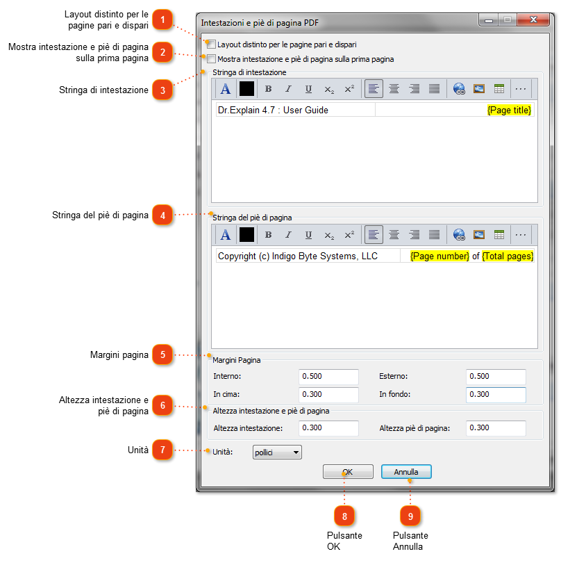 Intestazioni e piè di pagina dei file PDF
