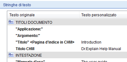 1. Tabella con le stringhe di testo