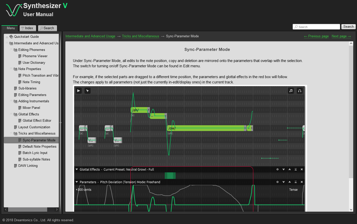 The online help for singing synthesis software made with Dr.Explain